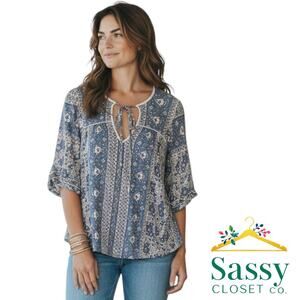 Lucky Brand Blue Tie Front Boho Blouse Short Sleeve Size XS